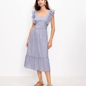 NWT Ann Taylor Loft Blue Checked Ruffle Cutout Back Midi Dress Size 4